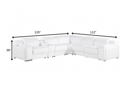 White Italian Leather Power Reclining L Shaped Six Piece Corner Sectional With Console