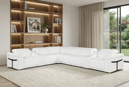 White Italian leather 3 power reclining seats L shaped Seven Piece Corner Sectional With Console
