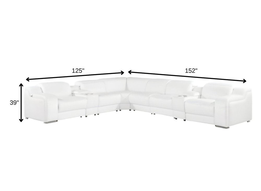 White Italian Leather 3 Power Reclining L Shaped Eight Piece Corner Sectional With Console