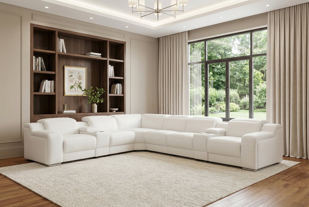 White Italian Leather 3 Power Reclining L Shaped Eight Piece Corner Sectional With Console
