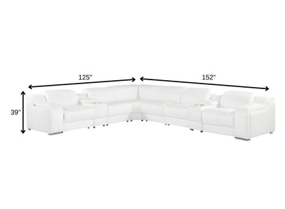 White Italian Leather 4 Power Reclining L Shaped Eight Piece Corner Sectional With Console