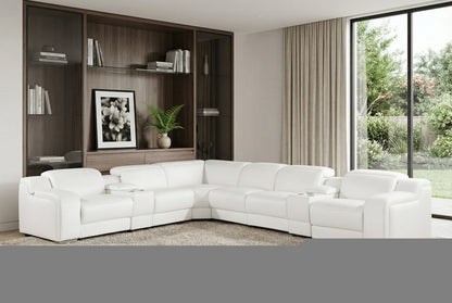 White Italian Leather 4 Power Reclining L Shaped Eight Piece Corner Sectional With Console