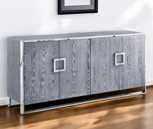 71" Ash Gray And Chrome Sideboard with Four Doors