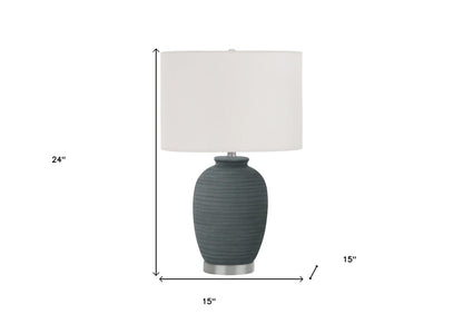 24" Blue and Silver Ceramic Round Table Lamp With Ivory Drum Shade