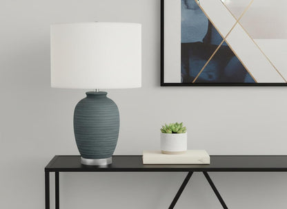 24" Blue and Silver Ceramic Round Table Lamp With Ivory Drum Shade