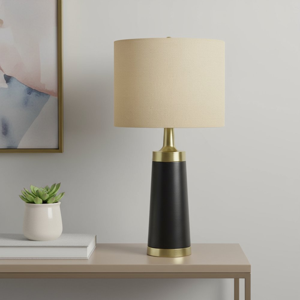 28" Black and Gold Metal Cylinder Table Lamp With Beige Drum Shade