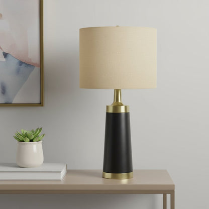 28" Black and Gold Metal Cylinder Table Lamp With Beige Drum Shade