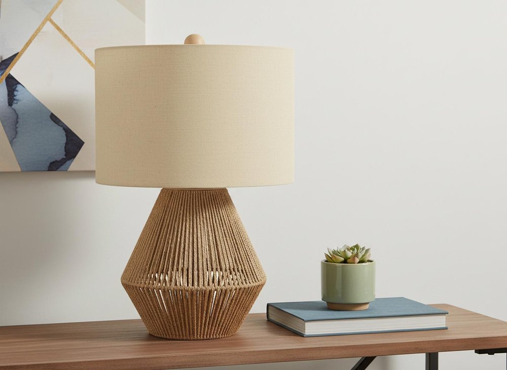 22" Brown Rattan Geometric Table Lamp With Beige Drum Shade