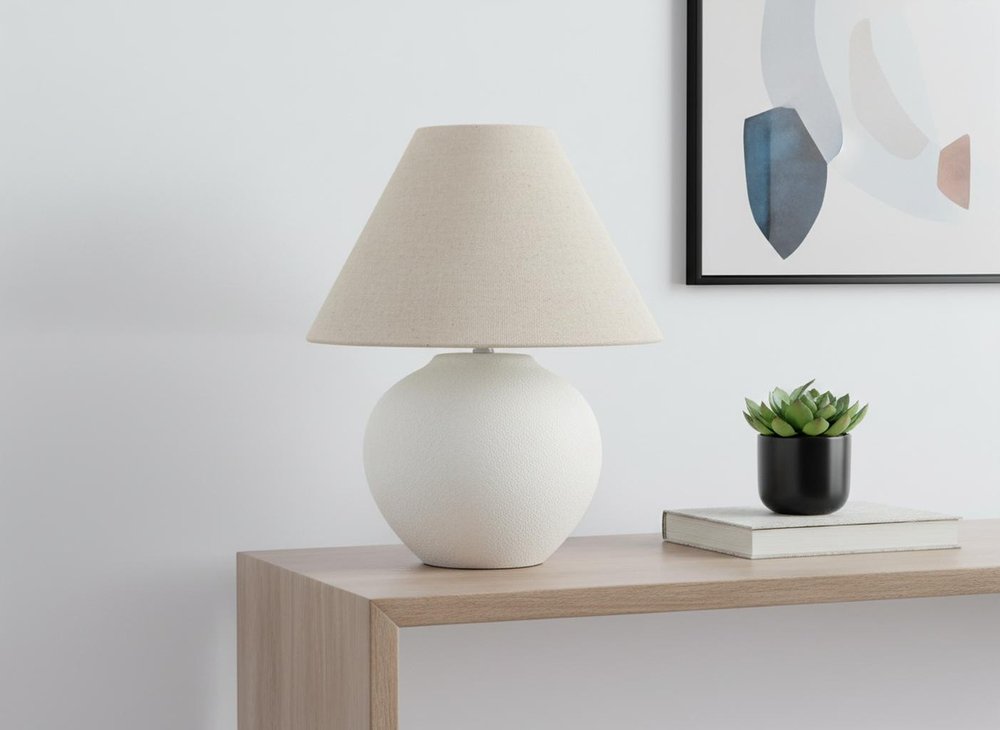 16" Cream Ceramic Round Table Lamp With Cream Empire Shade