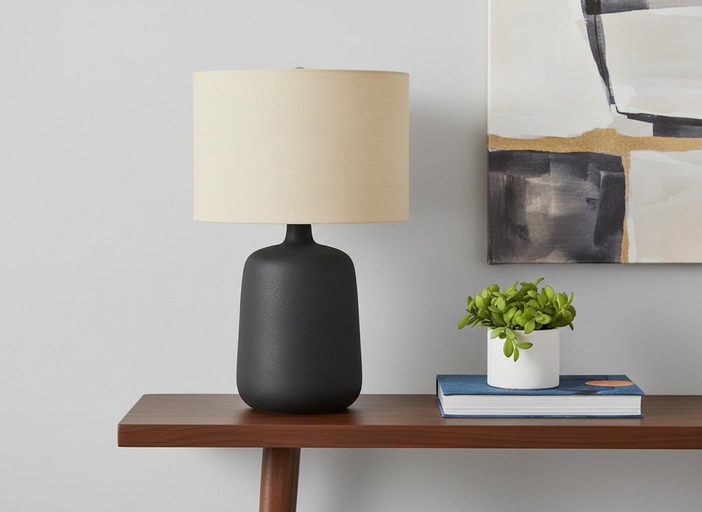 24" Black Ceramic Round Table Lamp With Beige Drum Shade