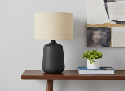 24" Black Ceramic Round Table Lamp With Beige Drum Shade