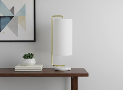 20" Gold and White Marble Round Arched Table Lamp With Ivory Drum Shade