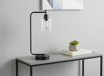 20" Black Metal Round Arched USB Table Lamp With Clear Drum Shade