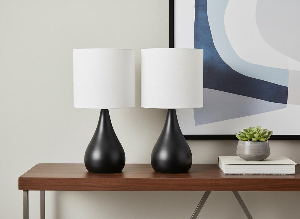 Set of Two 18" Black Metal Round Table Lamps With Ivory Drum Shade