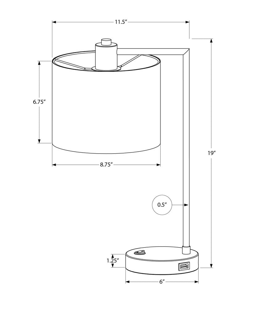 19" Black Metal Round USB Table Lamp With Ivory Drum Shade