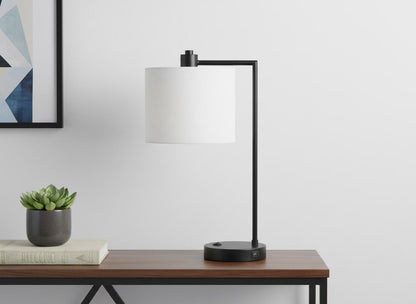 19" Black Metal Round USB Table Lamp With Ivory Drum Shade