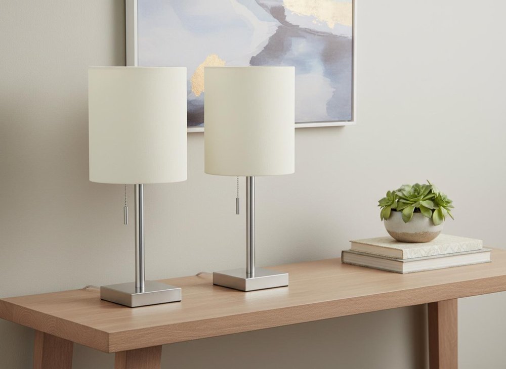 Set of Two 17" Silver Metal Candlestick USB Table Lamps With Ivory Drum Shade