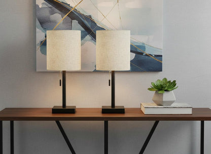 Set of Two 17" Black Metal Candlestick USB Table Lamps With Beige Drum Shade