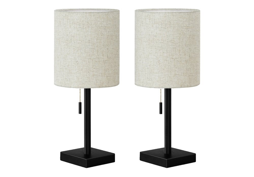 Set of Two 17" Black Metal Candlestick USB Table Lamps With Beige Drum Shade