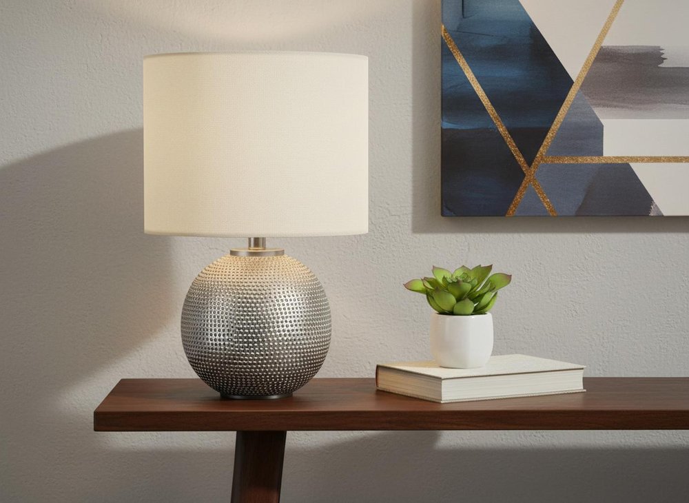 19" Gray Round Table Lamp With Ivory Drum Shade