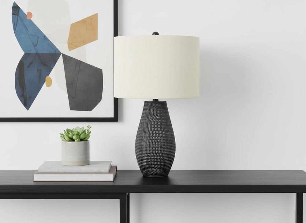 24" Black Round Table Lamp With Ivory Drum Shade