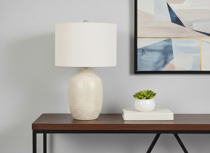 26" Cream Ceramic Urn Table Lamp With Cream Drum Shade