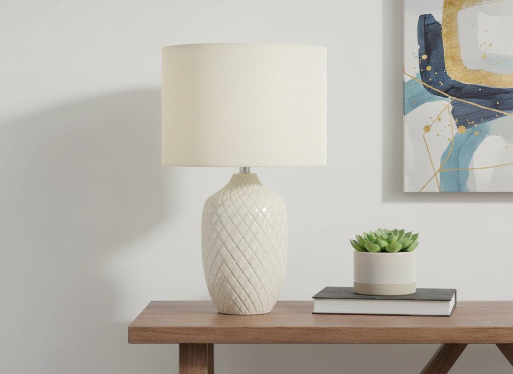 25" Cream Ceramic Urn Table Lamp With Cream Drum Shade