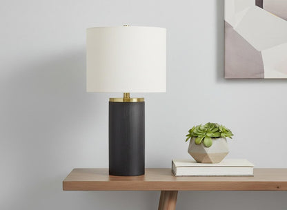 24" Black and Gold Concrete Cylinder Table Lamp With Ivory Drum Shade