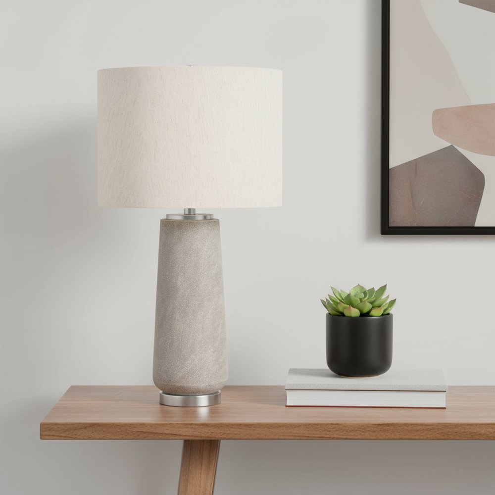 29" Gray and Silver Cylinder Table Lamp With Ivory Drum Shade