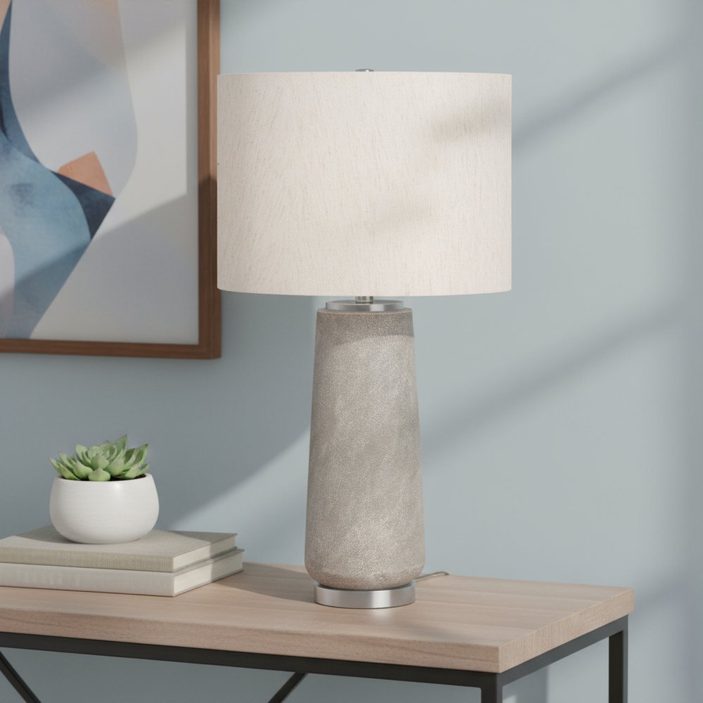 29" Gray and Silver Cylinder Table Lamp With Ivory Drum Shade
