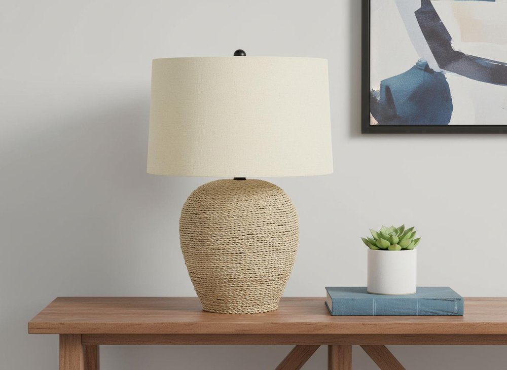 25" Beige Rattan Round Table Lamp With Beige Drum Shade