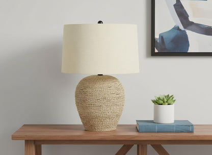 25" Beige Rattan Round Table Lamp With Beige Drum Shade