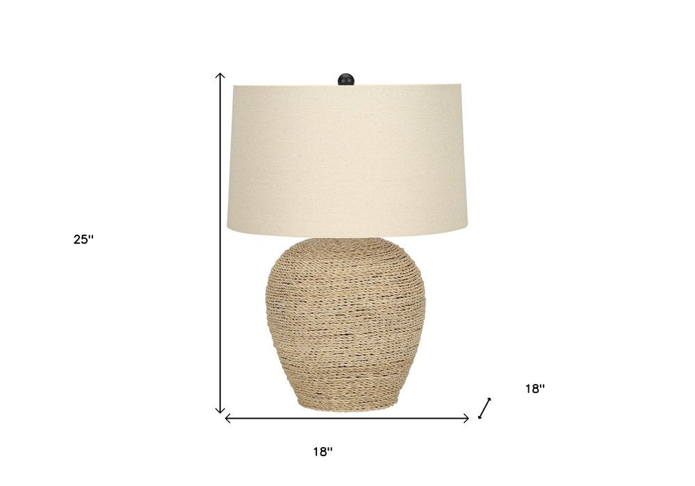 25" Beige Rattan Round Table Lamp With Beige Drum Shade