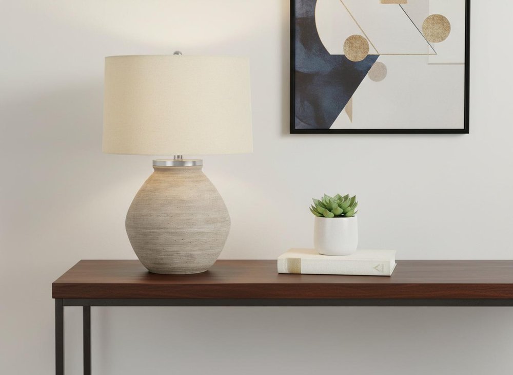 25" Cream Concrete Round Table Lamp With Beige Drum Shade