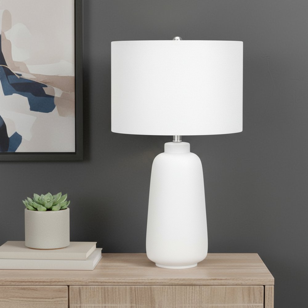 26" Cream Ceramic Cylinder Table Lamp With Cream Drum Shade