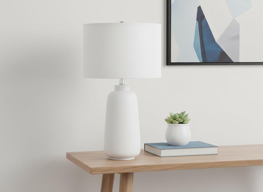 26" Cream Ceramic Cylinder Table Lamp With Cream Drum Shade