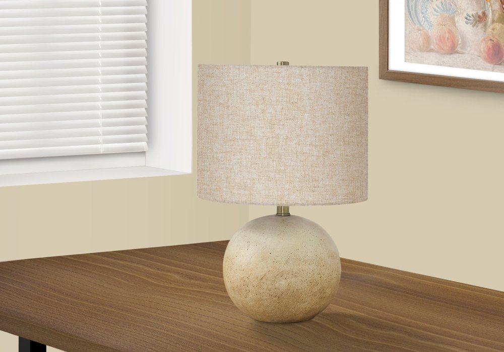 20" Beige Concrete Round Table Lamp With Beige Drum Shade
