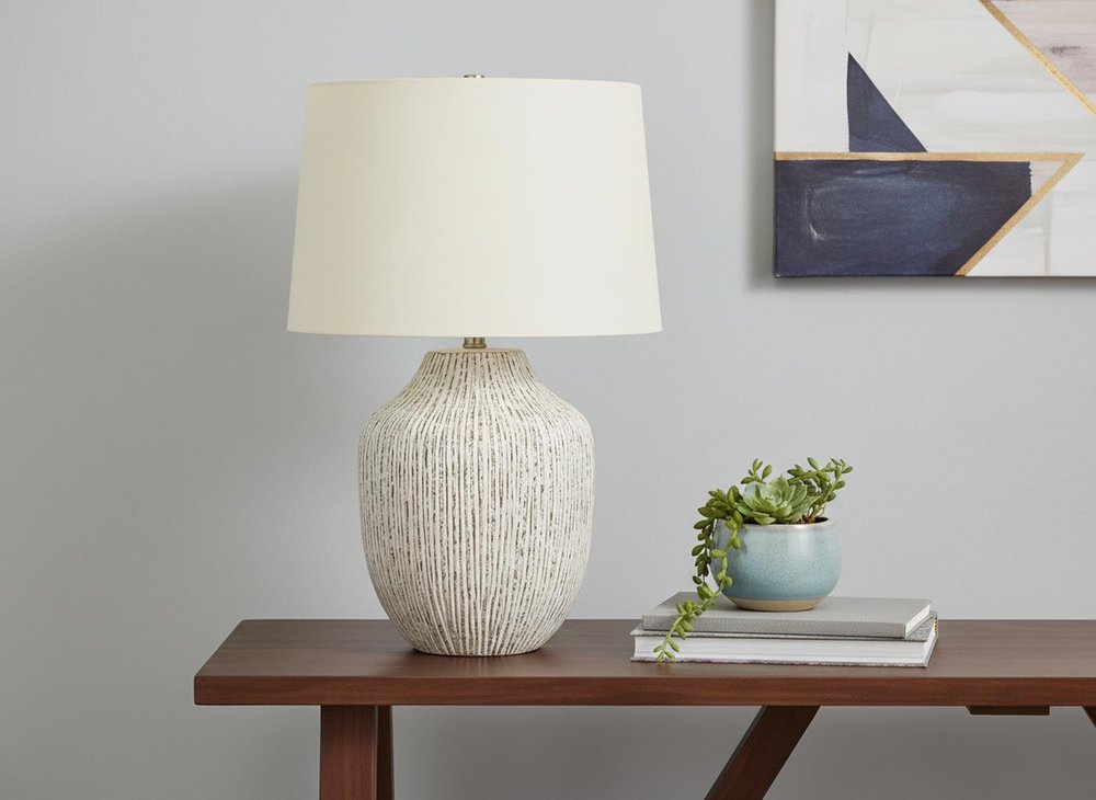 26" Cream Ceramic Round Table Lamp With Cream Empire Shade