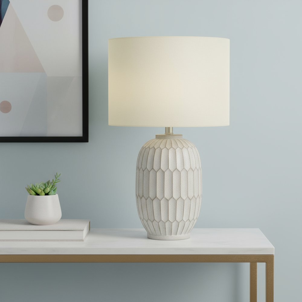 24" Cream Geometric Table Lamp With Cream Drum Shade