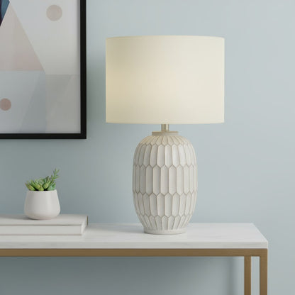 24" Cream Geometric Table Lamp With Cream Drum Shade