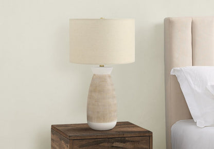 27" Brown and White Ceramic Round Table Lamp With Beige Drum Shade