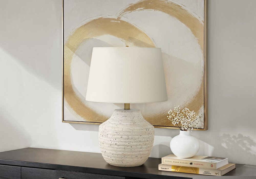 20" Cream Concrete Urn Table Lamp With Cream Empire Shade