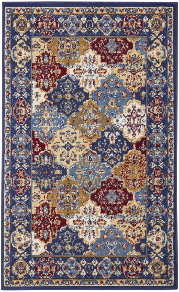 3' X 5' Red Blue and Light Brown Ogee Distressed Non Skid Area Rug
