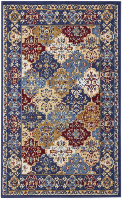 3' X 5' Red Blue and Light Brown Ogee Distressed Non Skid Area Rug