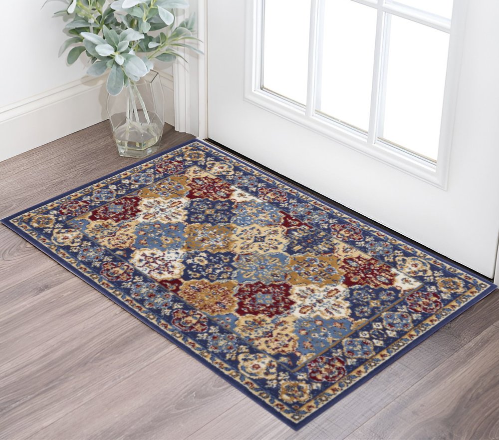 3' X 5' Red Blue and Light Brown Ogee Distressed Non Skid Area Rug