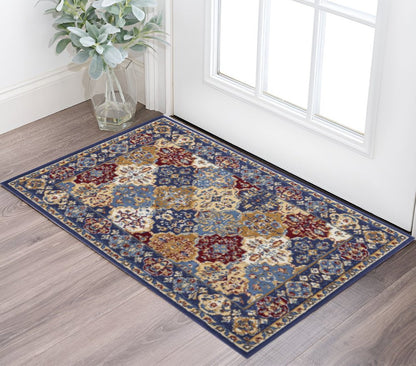3' X 5' Red Blue and Light Brown Ogee Distressed Non Skid Area Rug