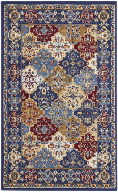 3' X 5' Red Blue and Light Brown Ogee Distressed Non Skid Area Rug