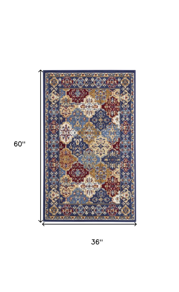 3' X 5' Red Blue and Light Brown Ogee Distressed Non Skid Area Rug