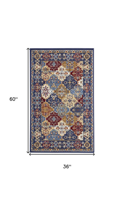 3' X 5' Red Blue and Light Brown Ogee Distressed Non Skid Area Rug