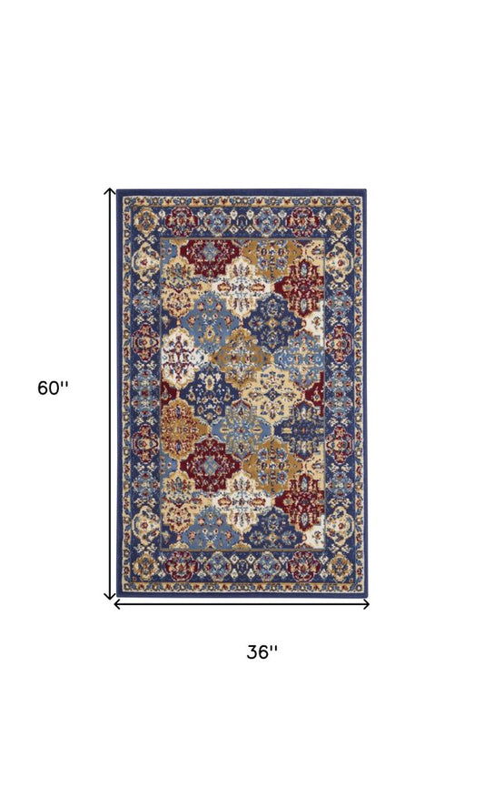 3' X 5' Red Blue and Light Brown Ogee Distressed Non Skid Area Rug